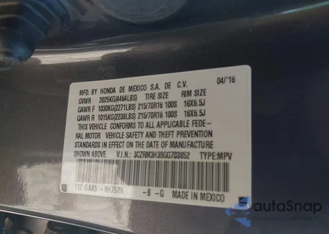 2016 Honda Cr-V Lx from USA, damaged, VIN 3CZRM3H39GG703852